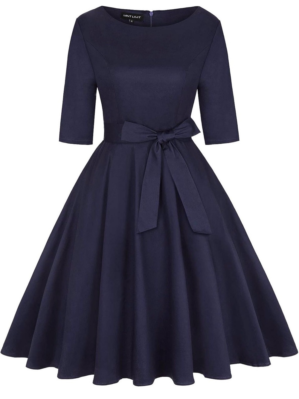 Rockabilly Navy Midi Dress with Waist Bow